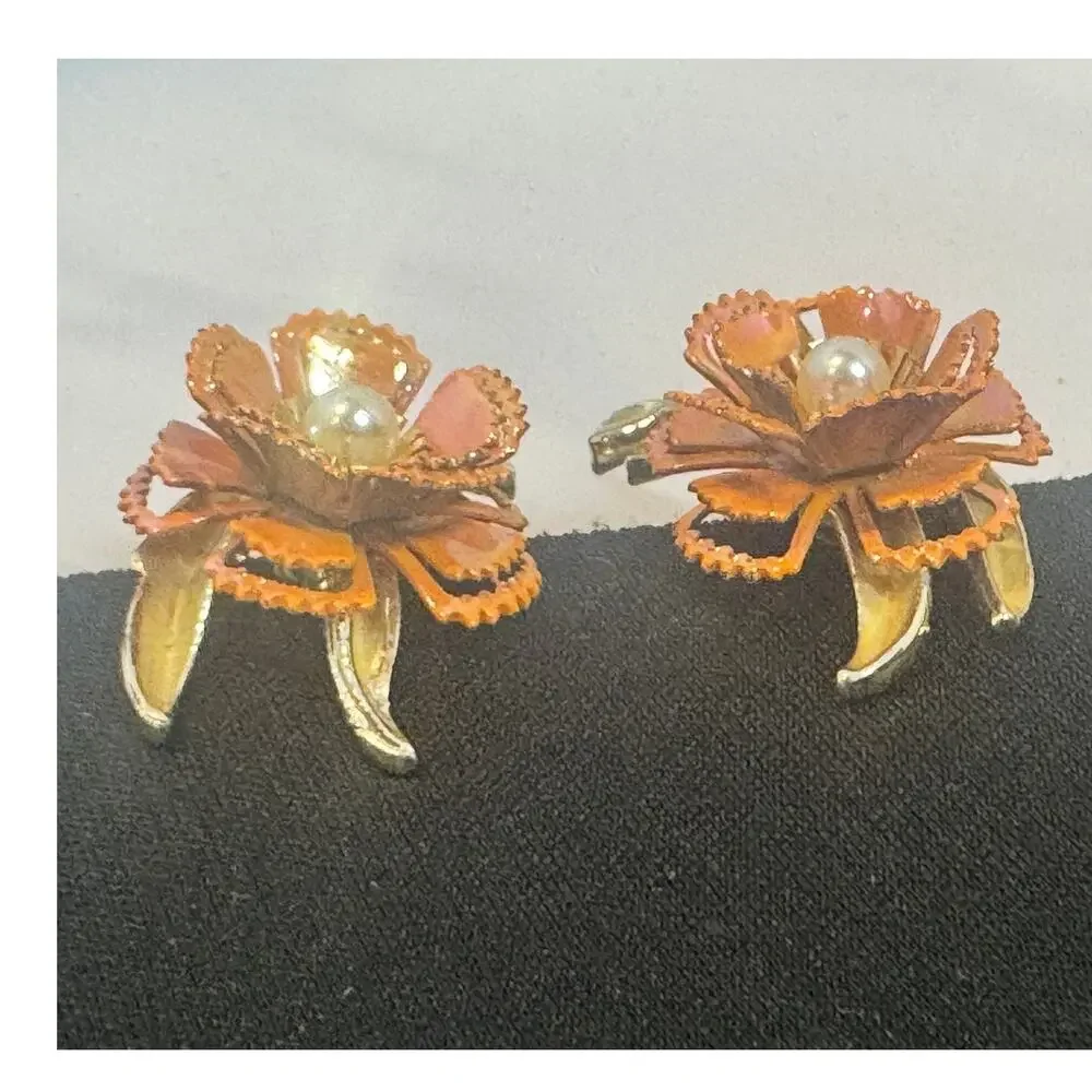 Vintage Pakula Orange Carnation Flower Brooch & Earrings set‎ 1960, MCM